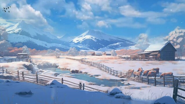 winter landscape scene in farm village and snowfall. seamless time-lapse virtual 4k video animation backgrounds, anime or cartoon style. Generated with AI