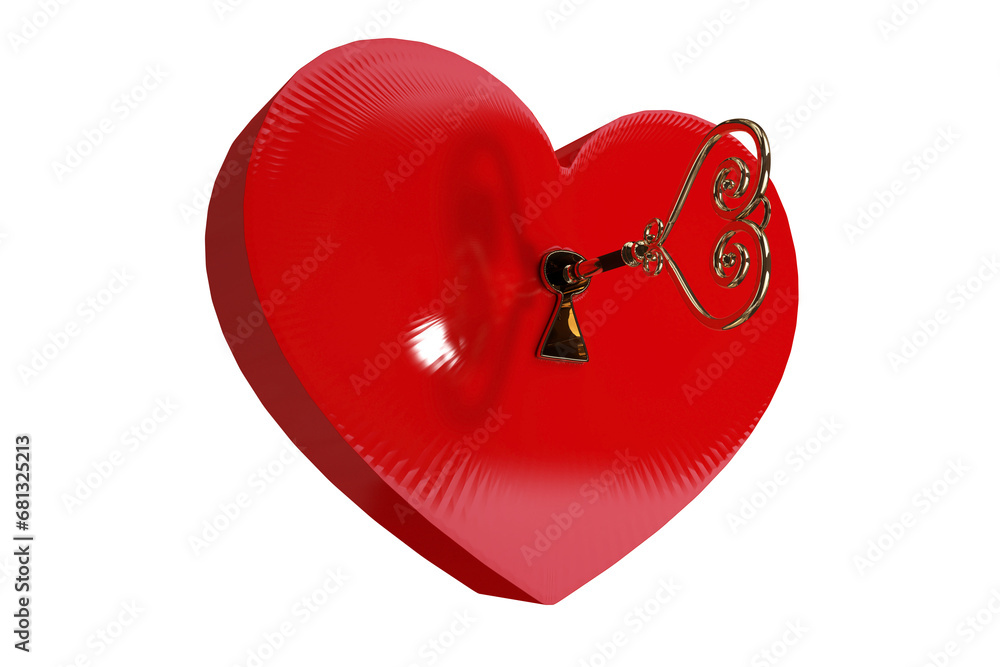 Poster digital png illustration of red heart with key with copy space on transparent background