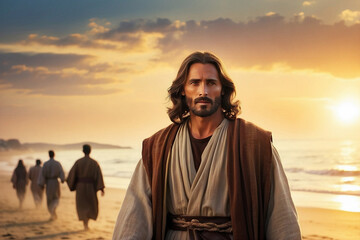Jesus walking and thinking at the beach 