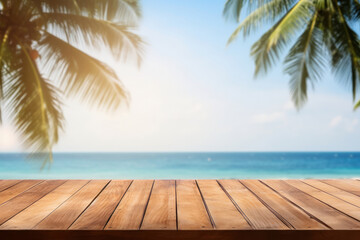 Empty wooden table by the sea, a tropical display of tranquility. Paradise found with a blue sky, palm leaves, and a beautiful ocean view. Is AI Generative.