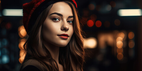 Fototapeta premium Portrait of a beautiful young woman in a red hat on a dark background