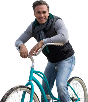 Digital png photo of happy senior caucasian man sitting on blue bicycle on transparent background