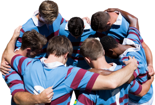 Digital png photo of male football team embracing in circle, looking down on transparent background - Powered by Adobe