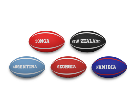 Digital png illustration of colourfull football balls with country names on transparent background