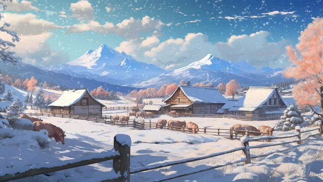 winter landscape scene in farm village and snowfall. seamless time-lapse virtual 4k video animation backgrounds, anime or cartoon style. Generated with AI