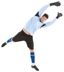 Digital png photo of caucasian male footballer jumping on transparent background