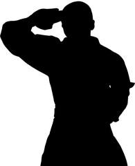 Digital png illustration of silhouette of male soldier saluting on transparent background