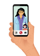 Digital png illustration of smartphone with video call with female doctor on transparent background