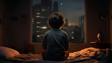 夜の部屋から窓の外を眺める少年の後ろ姿