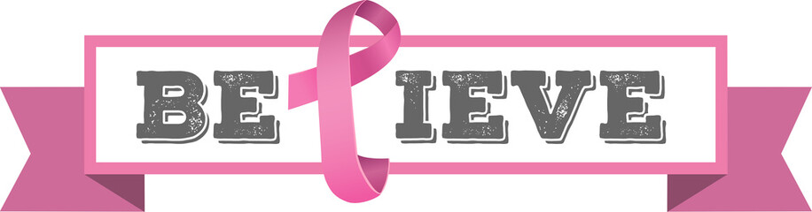 Digital png illustration of pink ribbon with believe text on transparent background