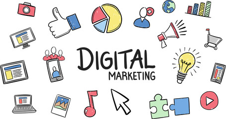 Digital png illustration of colourful symbols with digital marketing text on transparent background