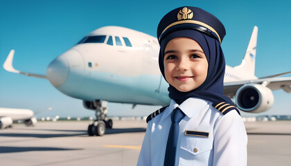 middle east little girl with hijab dressed up as an airline pilot, professional portrait