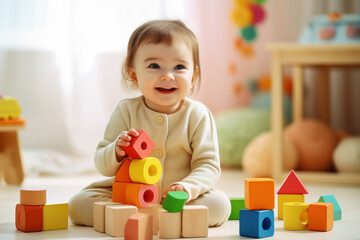 Kid girl playing with colorful baby toy