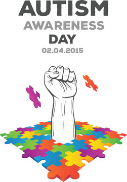 Digital png illustration of puzzle elements with autism awareness day text on transparent background