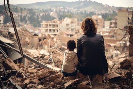 mother and daugher standing in front of collapsed building after Ruins of a city struck the east side, destroying homes, buildings and facilities