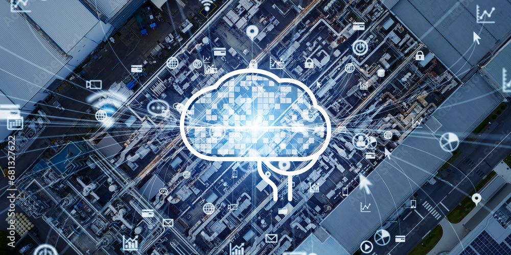 Aufkleber modern industrial area aerial view and ai (artificial intelligence) concept. communication network. 