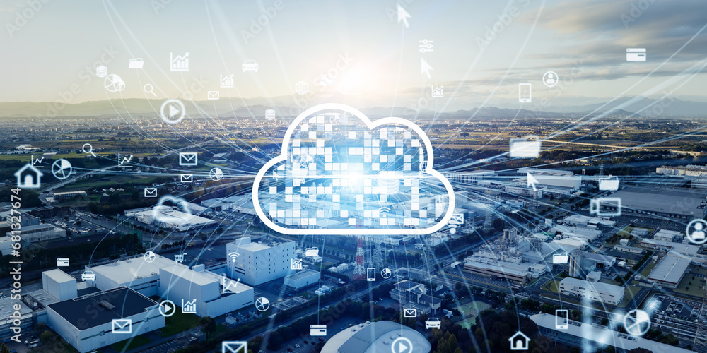 Fototapete Modern industrial area aerial view and cloud computing concept. Communication network. INDUSTRY 4.0. Factory automation.