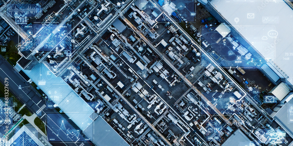 Aufkleber modern industrial area aerial view and digital technology concept. communication network. industry 4