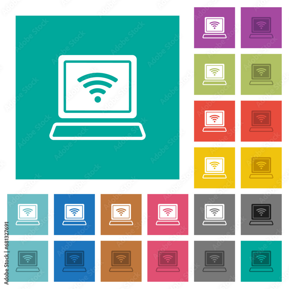 Poster laptop computer with wireless symbol alternate square flat multi colored icons