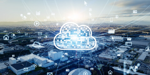 Modern industrial area aerial view and cloud computing concept. Communication network. INDUSTRY...