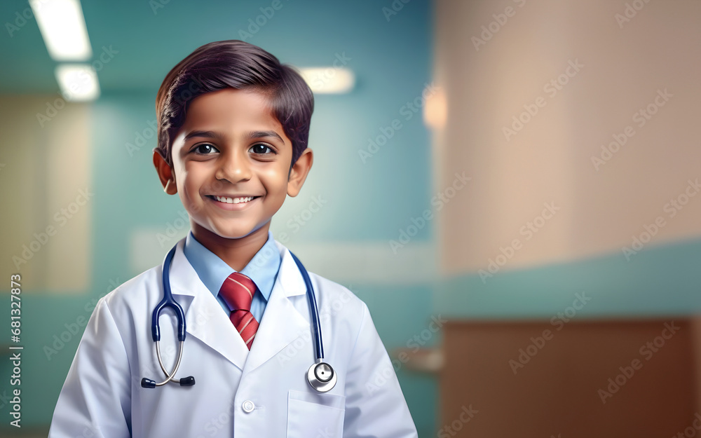 Wall mural indian little boy dressed up as a doctor, professional portrait