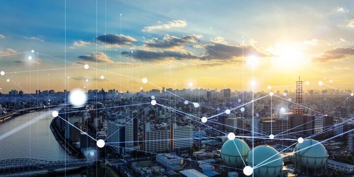 Modern cityscape and communication network concept. Telecommunication. IoT (Internet of Things). 5G. Smart city. Digital transformation.