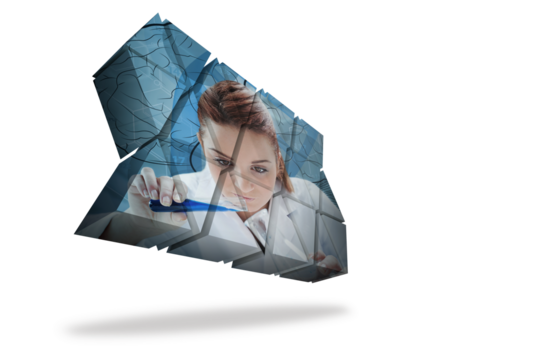 Digital png illustration of scientist with lab flask on transparent background
