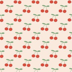 Seamless of cherry fruit with green leaves on pink background