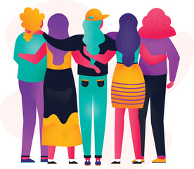 Digital png illustration of embracing group of friends standing back on transparent background