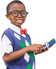 Digital png photo of happy african american boy using calculator on transparent background
