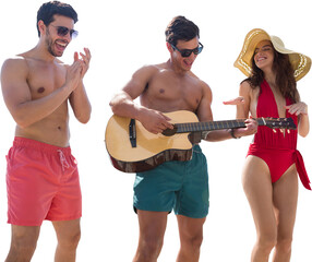 Digital png photo of three smiling caucasian friends playing guitar on transparent background