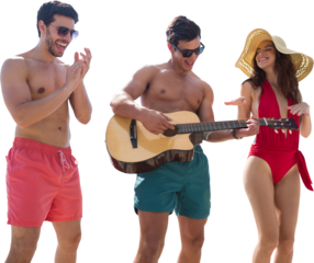 Digital png photo of three smiling caucasian friends playing guitar on transparent background