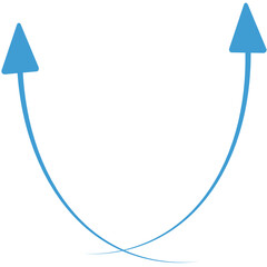 Digital png illustration of two blue arrows pointing up with copy space on transparent background