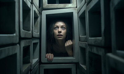 claustrophobia concept, women trapped in confined spaces