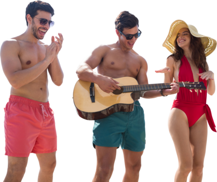 Digital png photo of three smiling caucasian friends playing guitar on transparent background