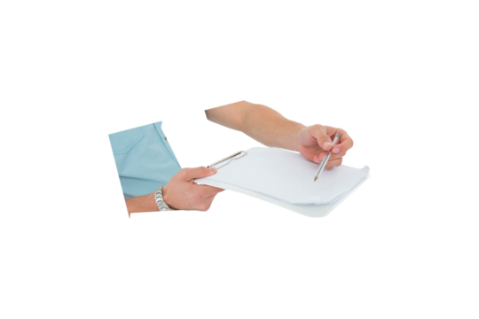 Digital png photo of male hands holding pen and clipboard with copy space on transparent background