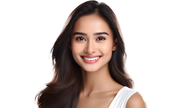 a closeup photo portrait of a beautiful young asian indian model woman smiling with clean teeth. used for a dental ad. isolated on white background.