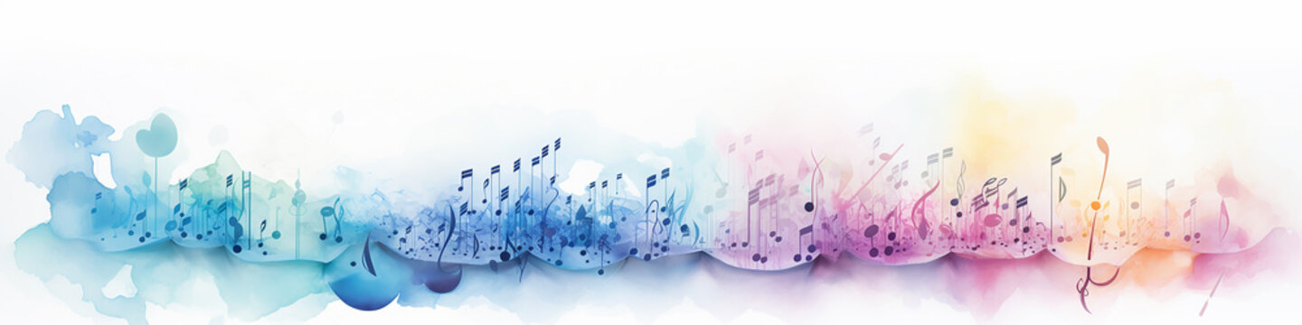 abstract musical long narrow background with notes watercolor.