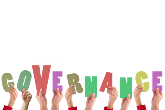 Digital png illustration of hands with governance text on transparent background - Powered by Adobe