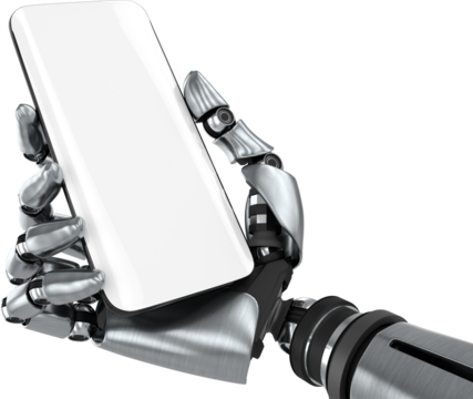 Digital png illustration of robotic arm with smartphone on transparent background