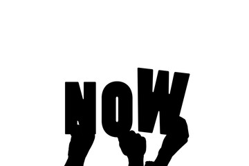 Digital png illustration of hands with now text on transparent background