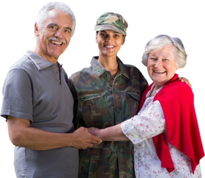 Digital png photo of happy diverse senior couple with female soldier on transparent background