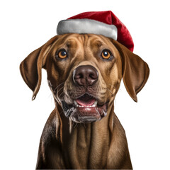 A Festive Canine Companion: Brown Dog Wearing Santa Hat on Black Background . Transparent background cutout. PNG file