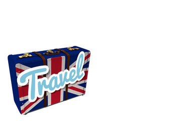 Digital png illustration of suitcase with travel text on transparent background