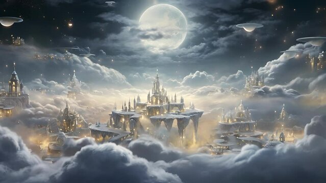 Closeup of a floating winter wonderland in the clouds of Olympus, where the Greek gods and goddesses have gathered for a divine Christmas celebration. The atmosphere is filled with magical
