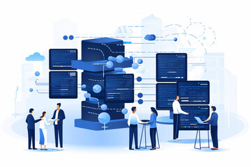 Server data center concept with people and computer server storage technology in flat style illustration. 