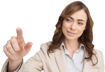 Digital png photo of caucasian businesswoman pointing on transparent background