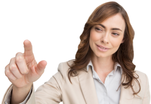 Digital png photo of caucasian businesswoman pointing on transparent background