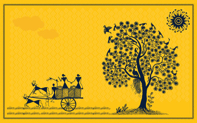 Charming Warli Art: Serene Countryside with Bullock Cart and Majestic Tree. Warli Art, Bullock Cart Painting, Traditional Rural Scene, Indian Village Life - obrazy, fototapety, plakaty