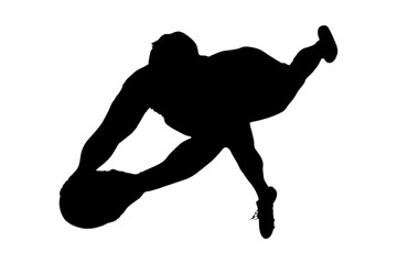Digital png illustration of silhouette of male rugby player jumping on transparent background